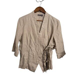 Mexx Womens Tan Metallic Weave 100% Linen Wrap Tie 3/4 Sleeve Lagenlook Blouse 8
